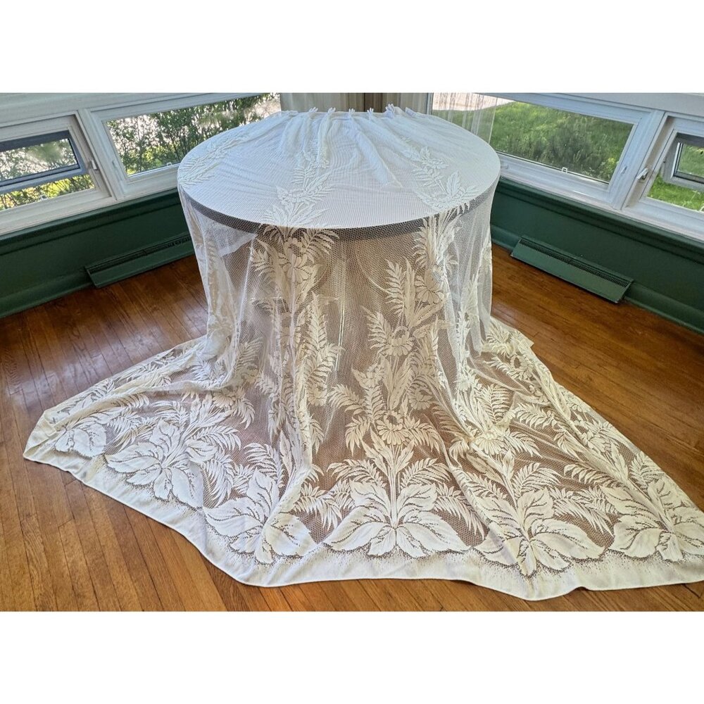 Vintage 70s pleated curtain, cream off-white mesh, floral tropical, for each